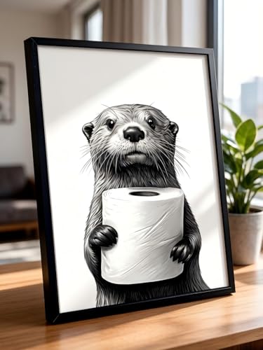 LBTZEVIR Framed Black and White Bathroom Wall Art Funny Otter 8x10In - color: Black and White, size: 8"L x 10"W
