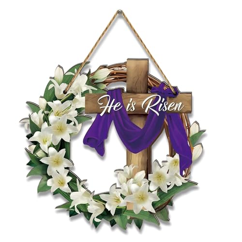 11.5 Inch Wooden He is Risen Easter Cross Wreath Door Sign