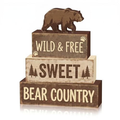 Britimes Tiered Tray Decor Set, 4 Pack, Wooden Table Sign, Woodland Bear - style: Brown Bear