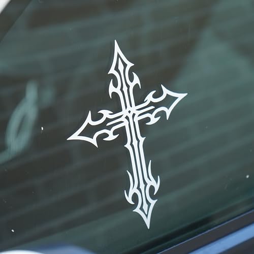 Gothic Cross Sticker 5x3.6" - Car Sticker Vinyl Decal | Free Sticker in Every Order! | Windows Laptops Etc (Gloss White) - color: Gloss White