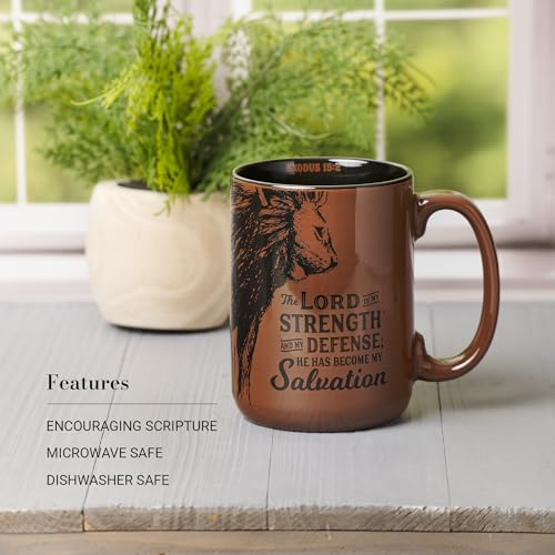 Christian Art Gifts Large Inspirational Ceramic Microwave & Dishwasher Safe Coffee & Tea Scripture Mug for Men & Women: Lord is My Strength Encouraging Bible Verse, Lion Design, Brown & Black, 14 oz. - color: Brown Lion/Lord is My Strength