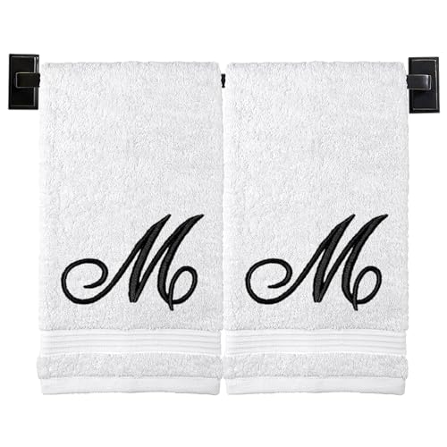 White Hand Towels for Bathroom - Monogrammed | Luxury Cotton Turkish Towels | Embroidered in USA | Set of 2 | Choose Set Color and Letter | A - Z | Script Font - color: White