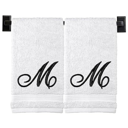 White Hand Towels for Bathroom - Monogrammed | Luxury Cotton Turkish Towels | Embroidered in USA | Set of 2 | Choose Set Color and Letter | A - Z | Script Font - color: White