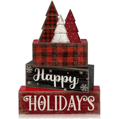 Moucuny 4 Pcs Wooden Block Signs Buffalo Plaid Holiday Farmhouse Decor - style: Buffalo Plaid
