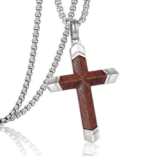 Wooden Cross Necklace for Men with Stainless Steel Adjustable Chain 24-26in, Christian Wood Crucifix Pendant Gift for Him - style: Bubinga