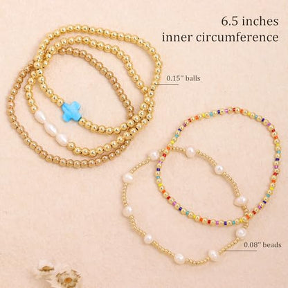 Gold Pearl Beaded Cross Bracelets Stack Set for Women, Boho Handmade Colorful Small Beads Stretchable Jewelry Friendship Summer Trendy Gift. - color: blue