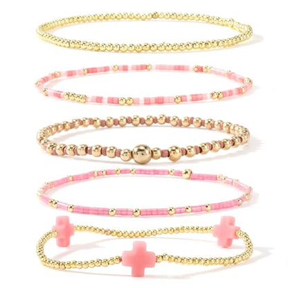 Gold Beaded Bracelets Stack for Women Stackable 14K Gold Plated Beads Ball Cross Bracelet Boho Christian Jewelry Faith Friendship Birthday Gifts for Women - color: Pink