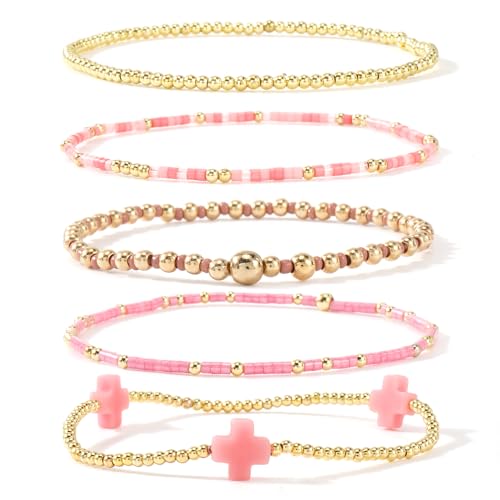 Gold Beaded Bracelets Stack for Women Stackable 14K Gold Plated Beads Ball Cross Bracelet Boho Christian Jewelry Faith Friendship Birthday Gifts for Women - color: Pink