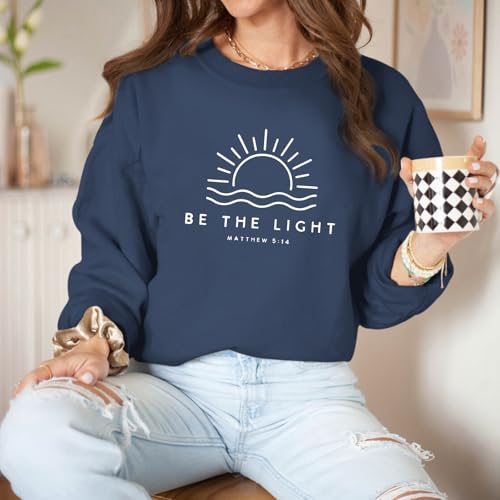 Sulayesh Christian Be The Light Sweatshirts for Women Religious Faith Jesus Bible Verse Graphic Shirts Loose Pullover Tops - color: Gray Blue, size: Small