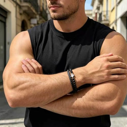 Kim Carrey Italian Handmade Leather Bracelets for Men - color: Silver Cross, size: 8.2"