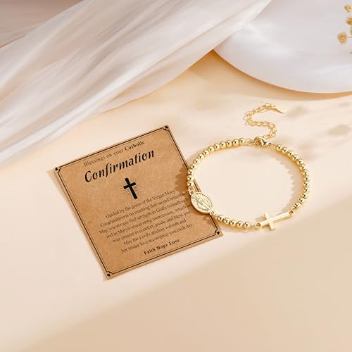 First Communion Gifts for Girls Virgin Mary Cross Bracelet Non Tarnish Baptism 1st Holy Communion Confirmation Gifts Christian Religious Catholic Jewelry - color: Confirmation,Gold