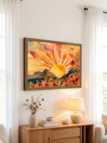 LBTZEVIR Framed Boho Sunset Wall Art 16x12 Inch Painting Poster Prints - color: The Sun, size: 16"L x 12"W