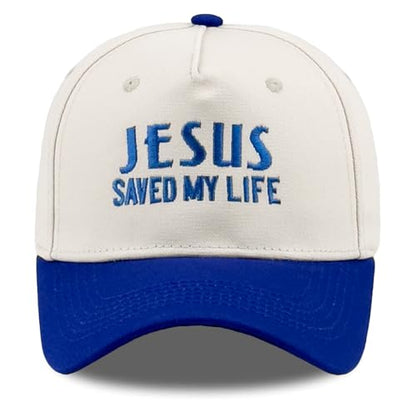 Embroidered Christian Two-Tone Baseball Cap for Men & Women, Adjustable Dad Hat Christmas Easter Gift - color: Jesus Saved My Life, Navy Blue/Beige