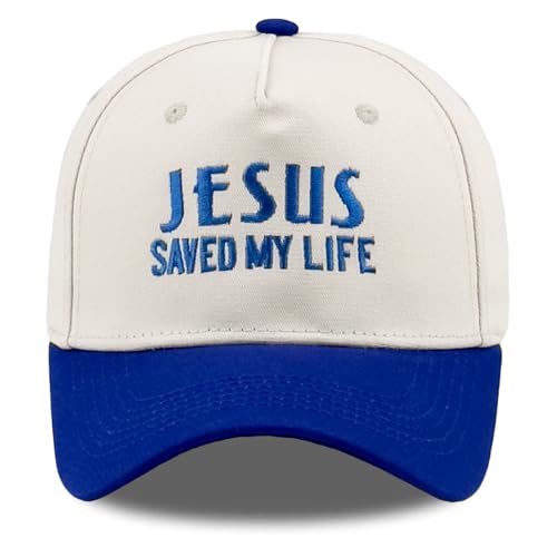 Embroidered Christian Two-Tone Baseball Cap for Men & Women, Adjustable Dad Hat Christmas Easter Gift - color: Jesus Saved My Life, Navy Blue/Beige