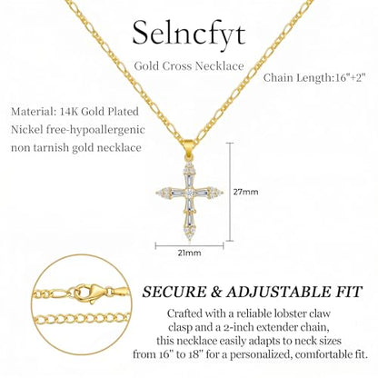 14K Gold Plated Cross Necklace for Women, Christian Jewelry - style: 4-CZ
