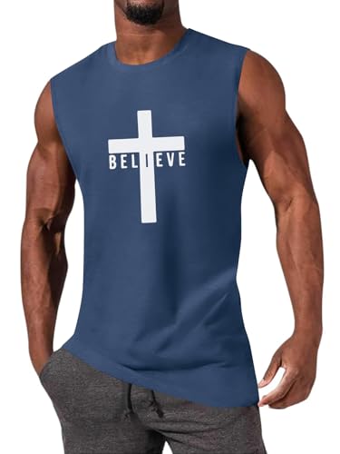 Men's Cotton Graphic Tank Tops Jesus Cross Believe Printed Faith Christian Shirts - color: Navy Blue, size: Medium
