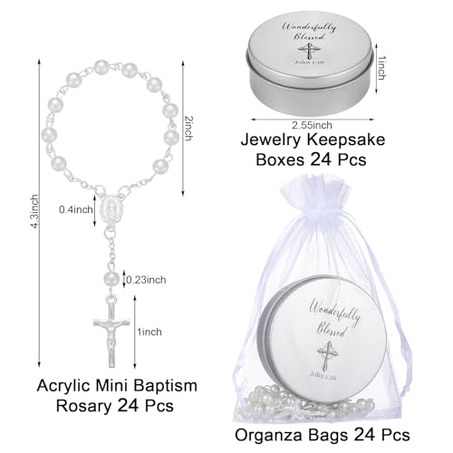 Quelay 24 Set First Communion Favor Baptism Include Catholic Rosary Jewelry Keepsake Boxes Organza Bags for Baptism Christening Memorial Catholic Gifts Recuerdos De Primera Comunion