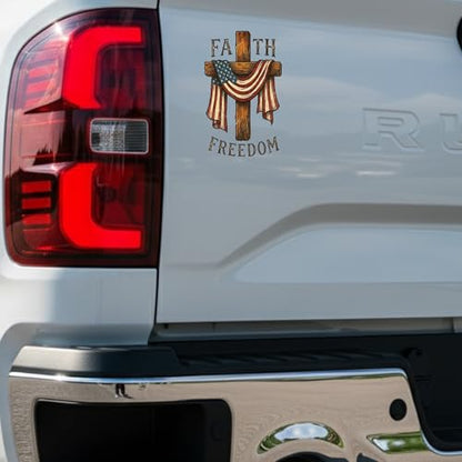 American Flag Cross Christian Patriotic Car Decal - color: Faith Freedom 250 Years