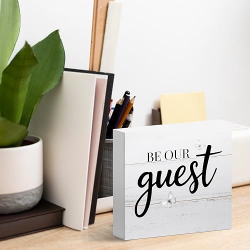 Guest decor for Bedroom Gifts Dining Room Cafe Shop Restaurant, Be Our Guest, Farmhouse Wooden Sign 5x5 Inches - color: Burgundy