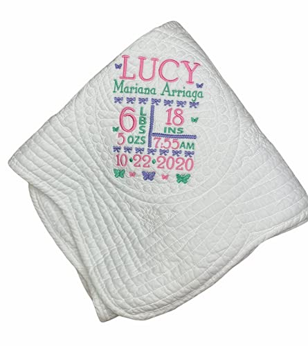 Personalized Baby Blanket – Custom Name, Monogram & Birth Stats, Soft Cotton Heirloom Quilt Keepsake, Unique Baby Gift for Boys & Girls (Heirloom Embroidered Design) - color: Heirloom Embroidered Design