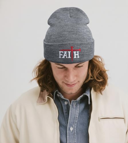 Christian Jesus Cross Beanie - Faith Winter Beanie Hats for Men Women - Religious Gifts for Christmas & New Years - color: Faith-red Cross/Grey