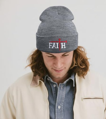 Christian Jesus Cross Beanie - Faith Winter Beanie Hats for Men Women - Religious Gifts for Christmas & New Years - color: Faith-red Cross/Grey