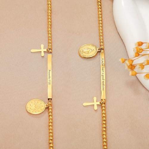DS Women Christian Charm Bracelet,Cross Scripture Stainless Steel Jewelry - style: A joyful heart is good medicine.-Gold