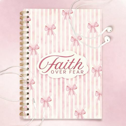 Christian Coquette Pink Bow Spiral Notebook 5.5x8.3 Inch, Faith Over Fear Lined Journal for School Work, Cute Bible Verse Gifts for Women Teen Girls - color: Faith