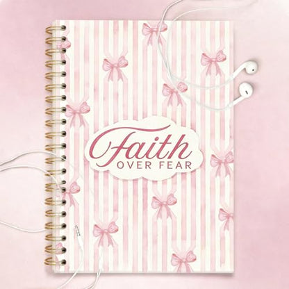 Christian Coquette Pink Bow Spiral Notebook 5.5x8.3 Inch, Faith Over Fear Lined Journal for School Work, Cute Bible Verse Gifts for Women Teen Girls - color: Faith