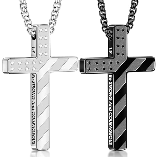 Romass Cross Necklace for Men Boys - 316L Stainless Steel Bible Verse Religious Pendant, Christian Jewelry Gifts for Son Husband, Graduation Gifts, Adjustable 22+2 inch Chain - color: Silver+Black, style: 2Pcs 1:9