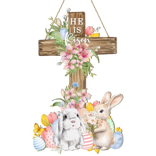 Menkxi Easter Door Sign He is Risen Hanging Decor Religious Cross Sign Easter Bunny Wreaths for Front Door Outside Christian Rabbit Hanging Hanger for Farmhouse Front Porch Wall Decor, 23 X14.6 Inch - style: Bunny