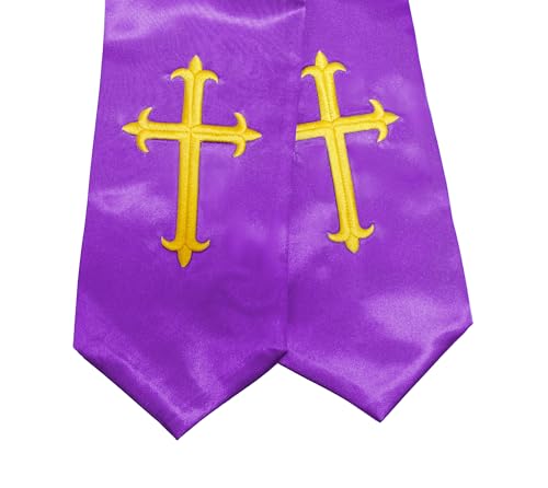 Unisex Clergy Stole with Embroidery Cross 72", Traditional Choir Stole - color: Purple