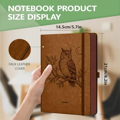 A5 Owl on Branch Leather Journal, 300 Pages Lined Notebook, Brown Vintage Pattern Hardcover Notebook for Travel Diary, Business, Work and School Daily Writing - style: Owl on Branch