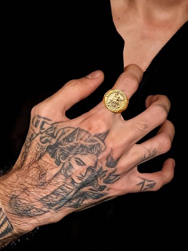 Saints Michael Ring for Men, 18K Gold Plated/Black Metal, St. Michael San Miguel The Great Protector Archangel Defeating Satan Figurine Stainless Steel Amulet Rings, Size 7-14, Send Gift Box - color: G-Gold Plated