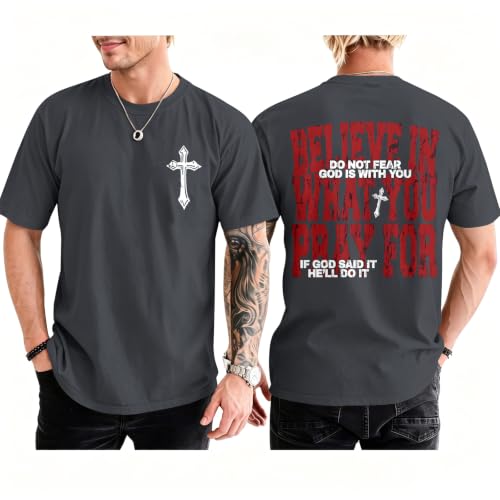 BINTEHGS Men's Christian Faith T-Shirts Inspirational Bible Verse Shirt Cross Oversized Tshirts for Men Jesus Graphic Tees - color: Deep Gray, size: Large