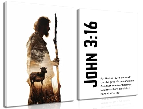 Framed 2Pcs Black and White Jesus Canvas Wall Art John 3:16 Bible Verse Picture Poster God with Sheep Painting Christian Art Prints Wall Decor for Living Room Office and Church12x16inx2pcs - color: 2pcs jesus Bible, size: 16"L x 12"W