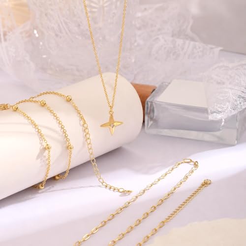 Layered Gold Necklace for Women, 14K Gold Plated Necklace Stack Set, Dainty Pendant Necklace Non Tarnish, Fashion Bow CZ Circle Star Hammered Cross Jewelry Gift for Women - color: Gold-02