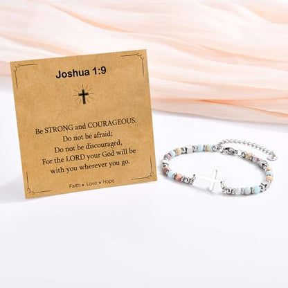 Christian Cross Bracelet for Women Girls, Adjustable Stainless Steel Beaded Cross Bracelets, First Communion Confirmation Easter Religious Bapstim Natural Gemstone Jesus Bracelet Gifts for Her - style: Joshua1.9