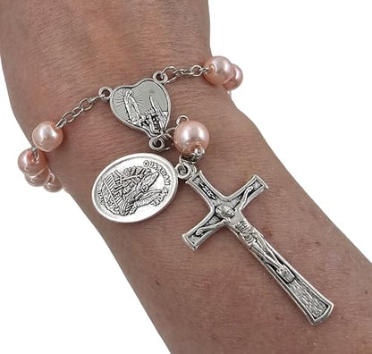 TALISMAN4U St. Michael Guardian Angel Medal Rosary for Car Rearview Mirror - color: Pink Rosary Beads
