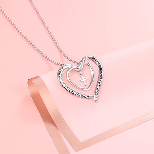 S925 Sterling Silver Christian Cross Heart Faith Bible Verse Necklace Rings - style: I can do all things through christ who strengthens me