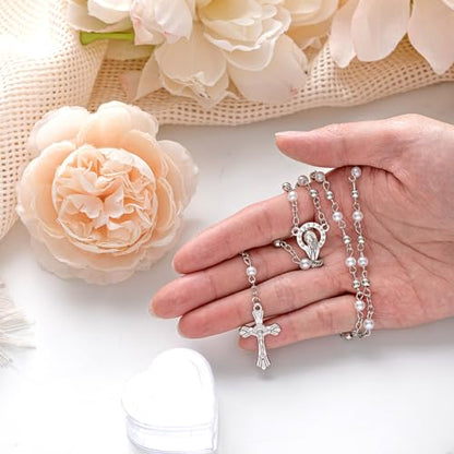ROCEEI Catholic Rosary Necklace with Crucifix 4mm Beads - color: White