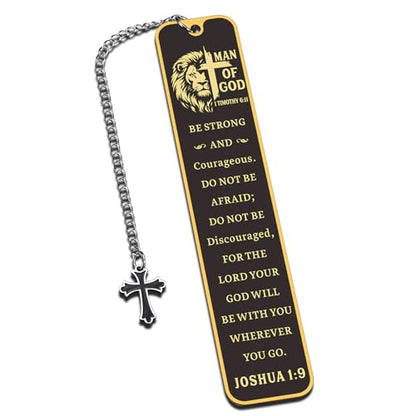 Christian Bookmark Man of God, Inspirational Lion Bible Verse Bookmark with Cross Pendant, Religious Scripture Verse Bookmarks for Man Accessories Church Confirmation Baptism Easter for Pastor Men - style: Be strong and courageous