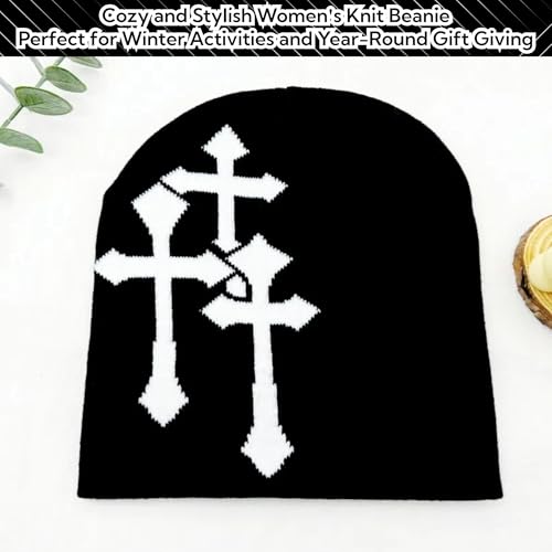 Fashion Knit Beanie with Cross Pattern Y2K Unisex Soft Jacquard Cap Popular Hip-Hop Cool Street Outdoor Sports Earflap Hat - color: Black