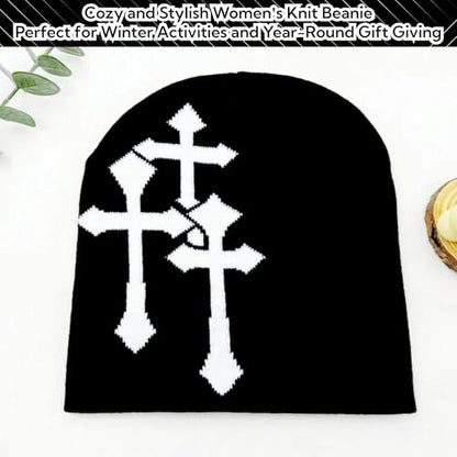 Fashion Knit Beanie with Cross Pattern Y2K Unisex Soft Jacquard Cap Popular Hip-Hop Cool Street Outdoor Sports Earflap Hat - color: Black