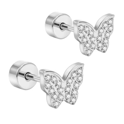 XUU 20G Flat Back Stud Earrings ASTM F136 Titanium & Sparkling CZ - color: silver butterfly