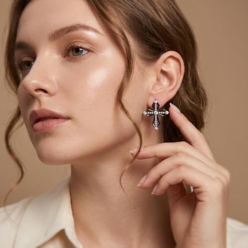 Sterling Silver Dainty Cross Earrings For Women, Christian Religious Faith Cubic Zirconia Stud Earrings - color: black