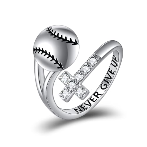 YFN Sport Ring Sterling Silver Cross Adustable Ring Never Give Up Jewelry Gifts for Women - color: Baseball