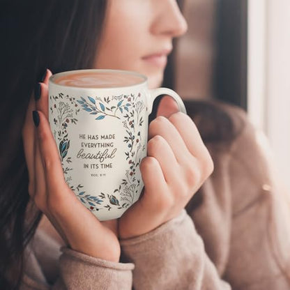 Christian Art Gifts Large Women's Ceramic Coffee Bible Verse Mug - color: White & Taupe Floral/Everything Beautiful