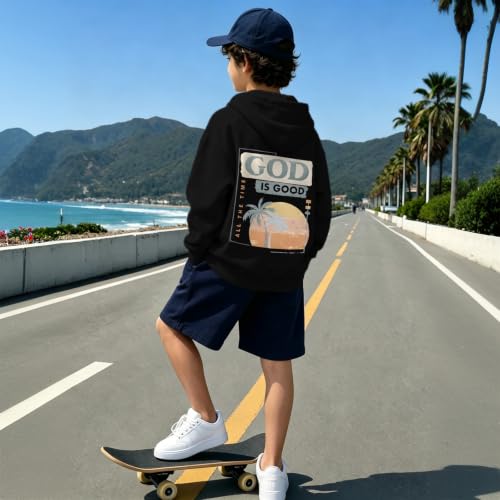 Fkatuzi Christian Graphic Hoodies For Boys Jesus God Is Good Hoodie Kids Faith Verse Bible God Religious Beach Pullover Tops - color: Black, size: 9-10 Years