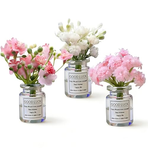 3 PCS Mini Flower Car Dashboard Decor Set, Cute Daisy Cherry Blossom Vase Ornaments, Natural Simulated 3D Vase Arrangement, Universal Rear View Mirror Dashboard Interior Accessories